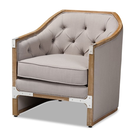 Baxton Studio Terina Grey-Beige Upholstered White Oak Armchair with Metal Accents 156-9491